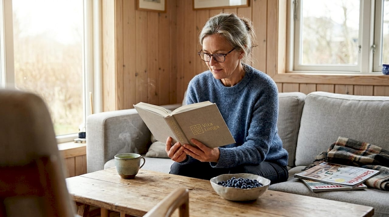 En kvinde sidder i stuen og fordyber sig i en bog om sundhed.