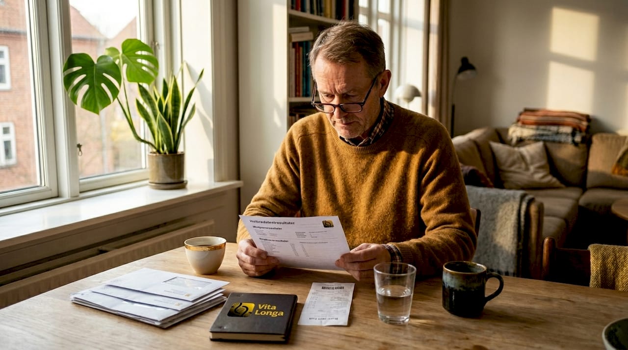 En mand sidder hjemme ved spisebordet og gennemgår sine helbredsoplysninger.