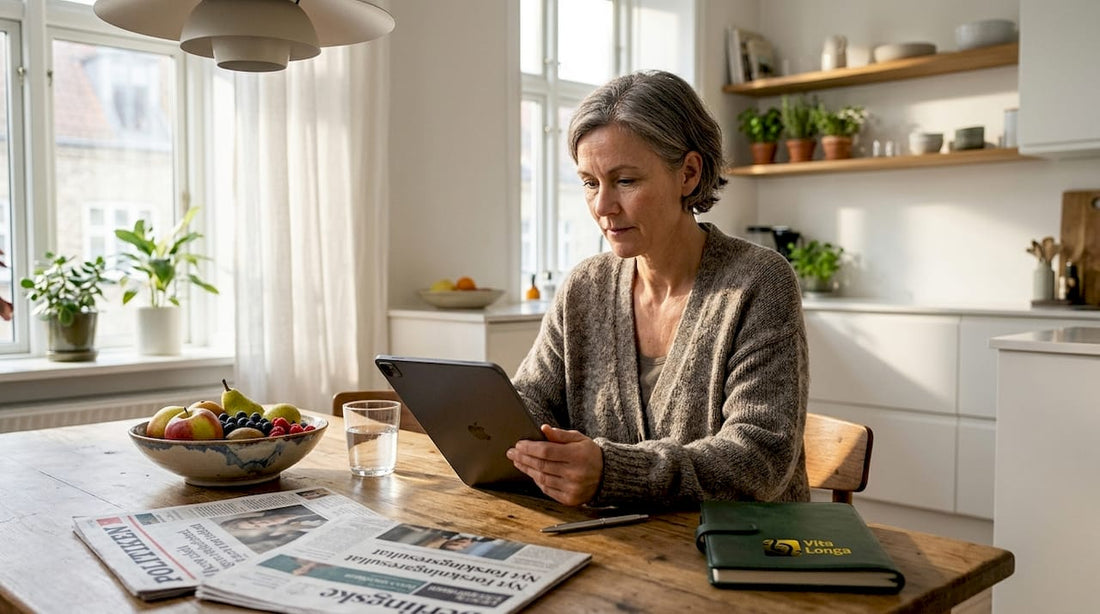 En kvinde står i sit køkken og fordyber sig i en artikel om sundhed.