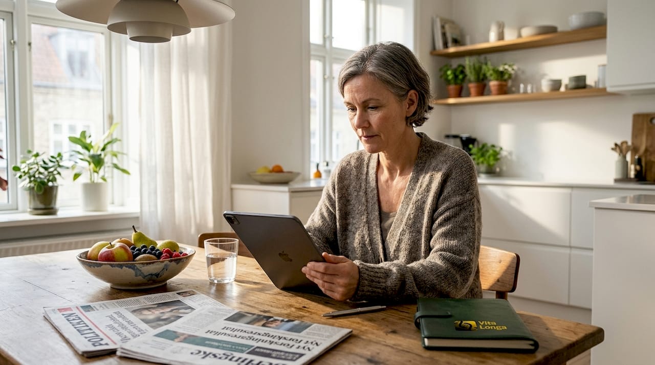 En kvinde står i sit køkken og fordyber sig i en artikel om sundhed.