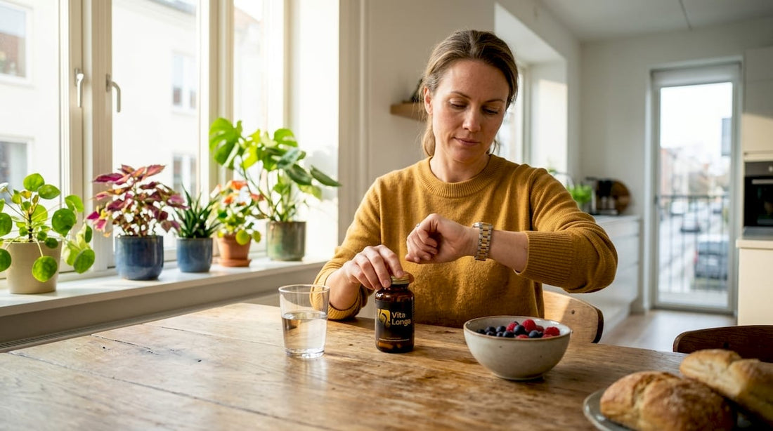 En kvinde står i køkkenet og åbner sine kosttilskud ved køkkenøen.