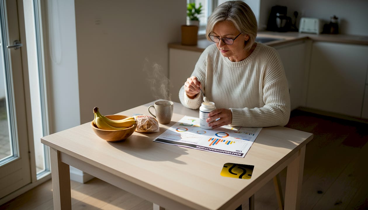 En kvinde sidder ved køkkenbordet og studerer etiketten på et kosttilskud.