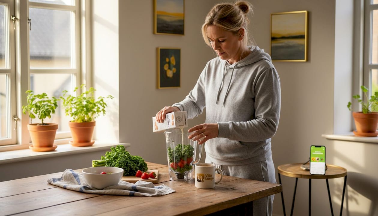 En kvinde i sin bedste alder står i køkkenet og gør klar til at lave en frisk smoothie.
