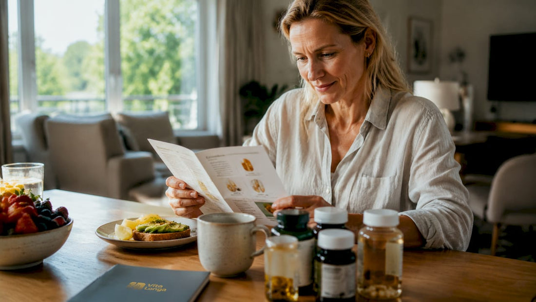 En kvinde sidder hjemme i stuen og læser en folder om omega-3 kosttilskud.
