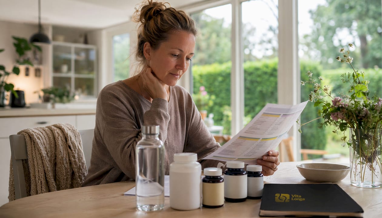 En kvinde sidder hjemme ved køkkenbordet og gennemgår sin liste over kosttilskud.