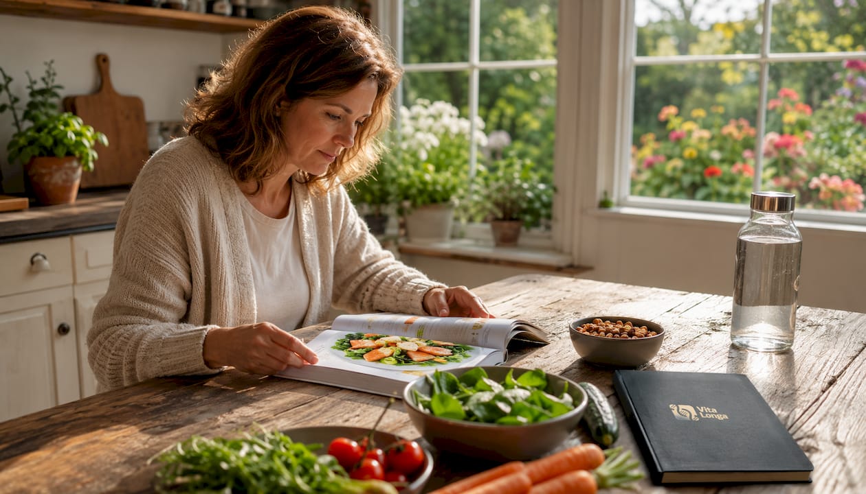 En kvinde nyder en sund morgenmad fyldt med omega-3, mens hun sidder ved spisebordet.