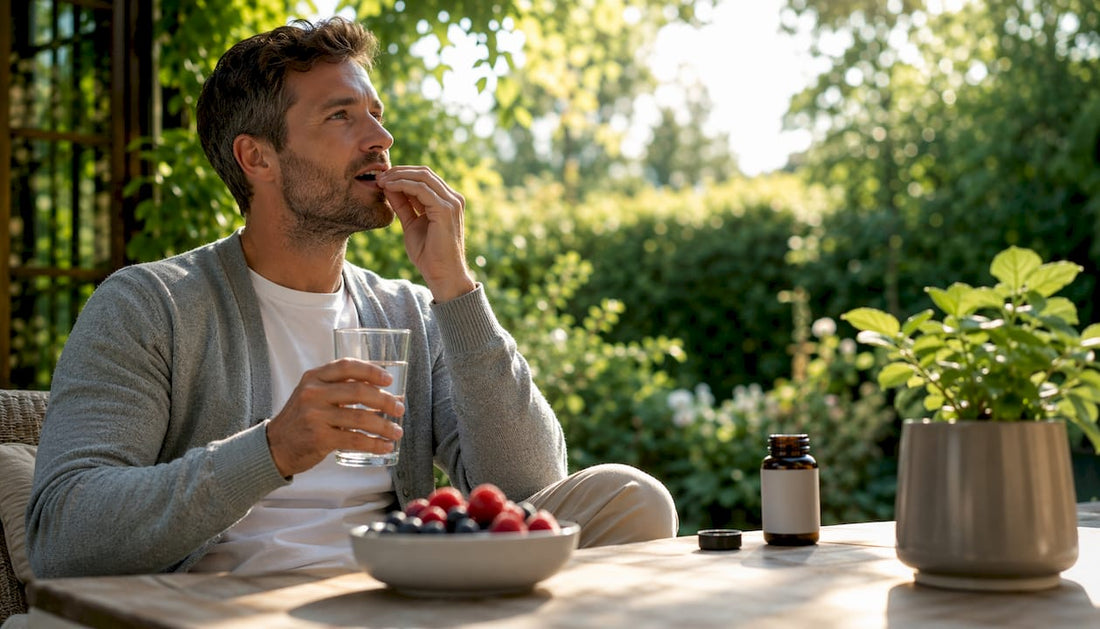 En mand sidder ved køkkenbordet og tager sin daglige vitaminpille.