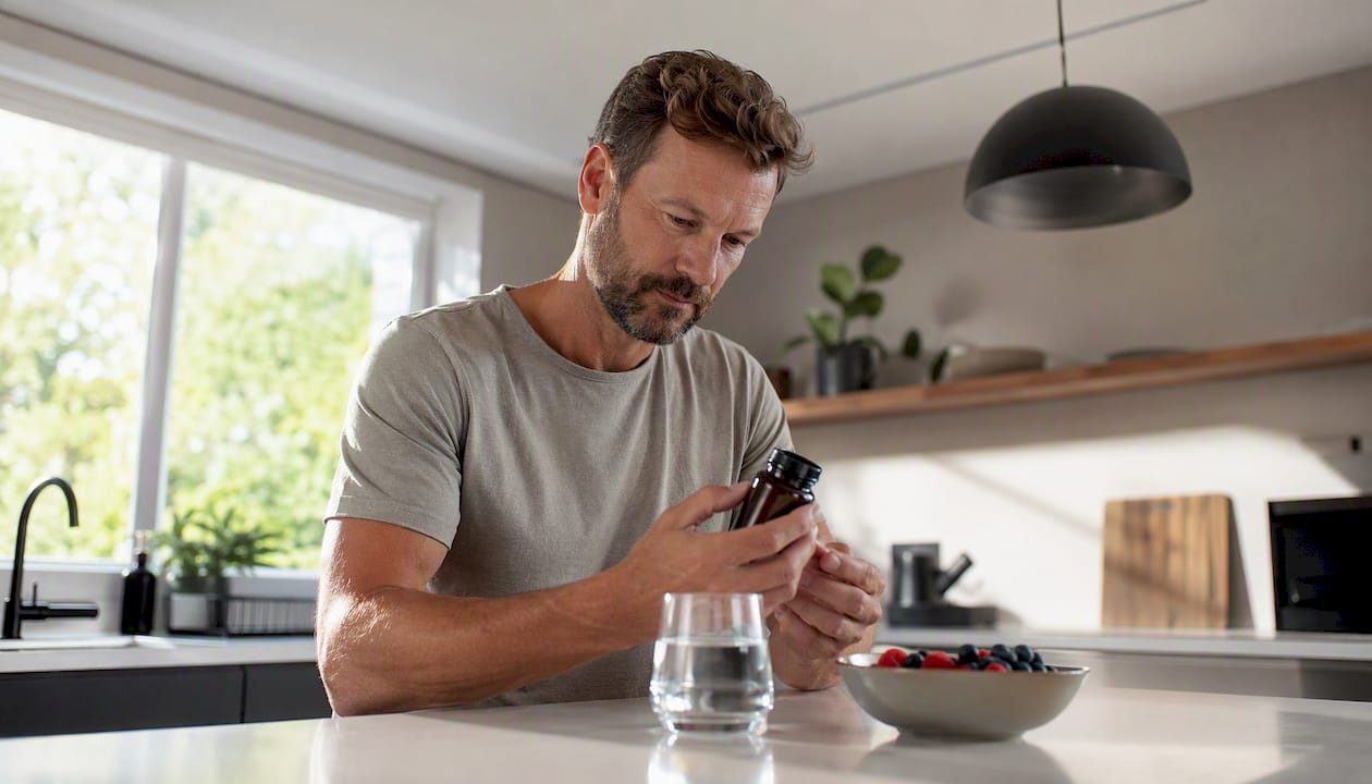 Et par hænder holder et glas NAD+-tilskud ved siden af et blodtryksapparat.