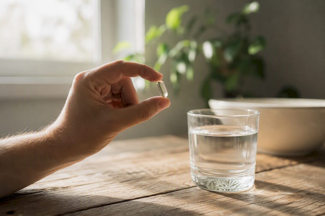 Hånd der holder en NMN-kapsel med et glas vand